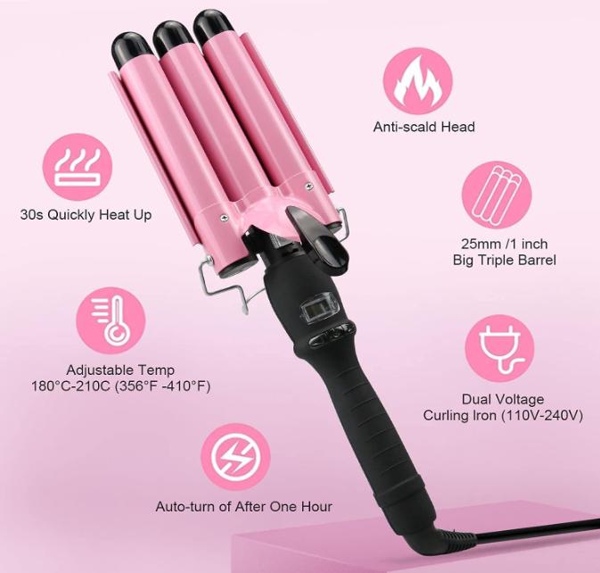 Buy One get one free 3 Barrel Curling Iron Wand Dual Voltage Hair Crimper with LCD Temp Display Curler Comfort