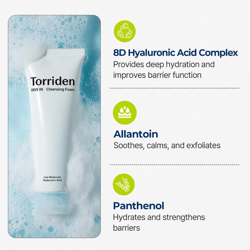 [Torriden Official Shop] DIVE-IN Cleansing Foam Face Wash 150ml | Hydrating Daily Facial Cleanser for All and Sensitive Skin, with Hyaluronic Acid, Panthenol, Allantoin