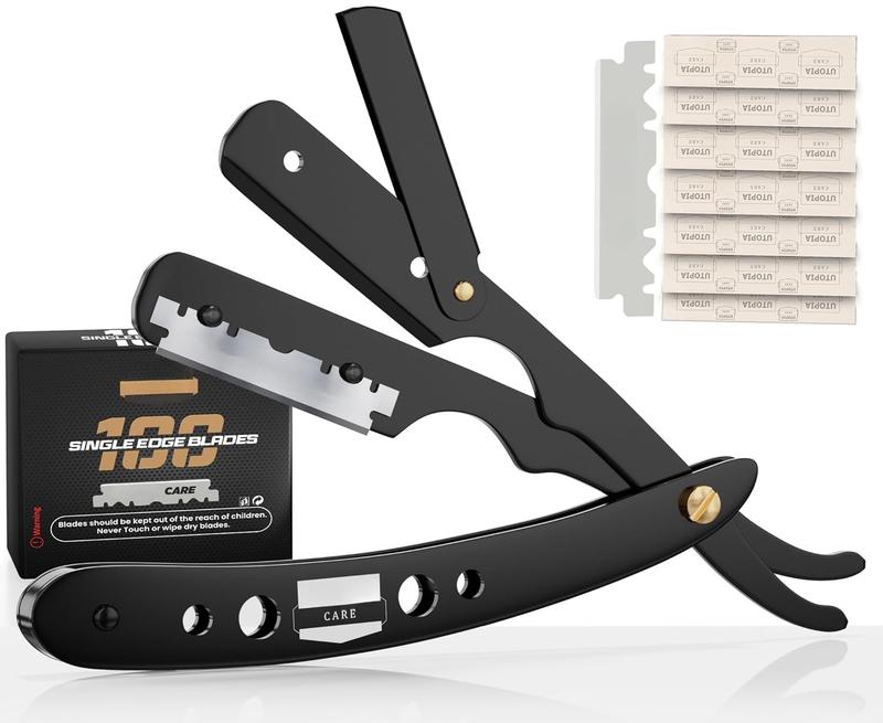 Professional Barber Straight Edge Razor Safety with 100-Pack Blades - 100 Percent Stainless Steel (Black)