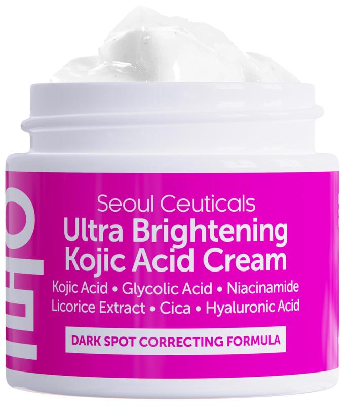 SeoulCeuticals Korean Kojic Acid Cream Dark Spot Remover + Glycolic Acid + Niacinamide + Cica + HA Moisturizer - Cruelty Free K Beauty Skincare 2oz Acne Acne Scar Treatment