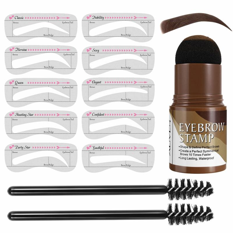 Thick Tube Brow Stamping and Shaping Kit for Brows, Brow Stamping Kit with 10 Styles Reusable Brow Templates, 2 Brow Pencil Brushes (Black Dark Grey Dark Brown Medium Brown)