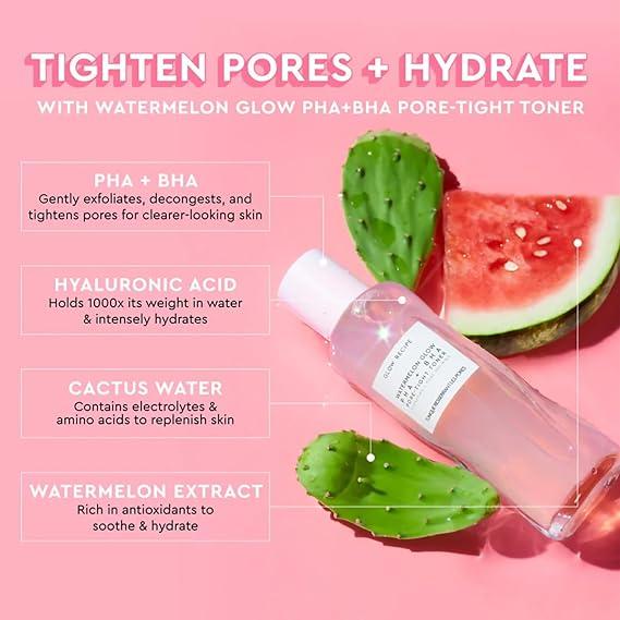 Glow Recipe PHA + BHA Face Toner - Pore Minimizer & Facial Exfoliator. Tightening & Hydrating Skincare with Hyaluronic Acid & Watermelon.