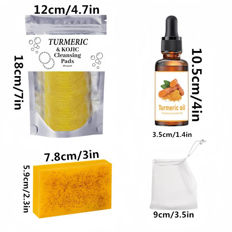 Turmeric Cleansing Set, 1 Set Turmeric Soap Bar & Turmeric Oil & Turmeric Kojic Cleansing Pads, Daily Skincare Set for Face & Body