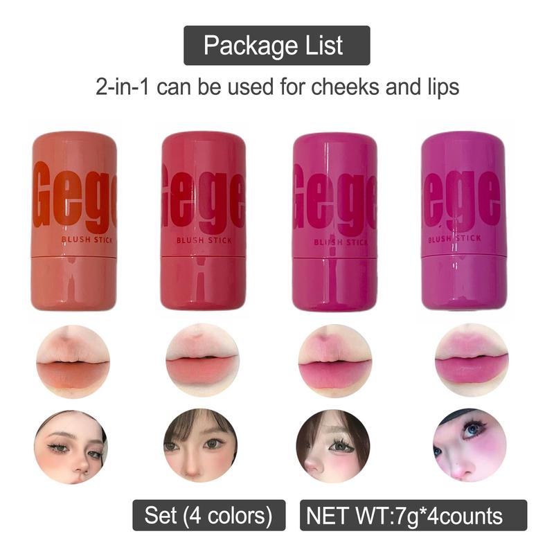 Long Lasting Blush Stick, 4 Counts set Dual Use Blush for Lip & Cheek, Natural Look Blush for Daily Makeup, Lightweight Blush for Girls and Women