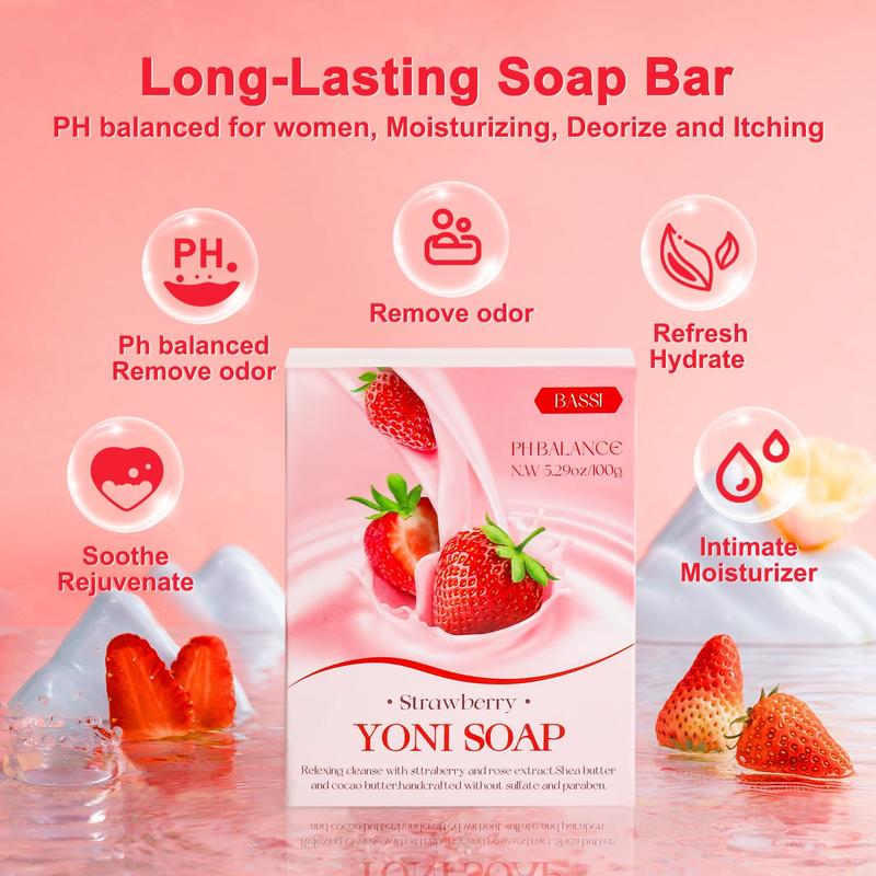 BASSI Organic Feminine Oil, Yoni Wash & Soap Set for Women, pH Balance, Moisturizing, 1 Fl.Oz Oil & 5.07 Fl.Oz Wash, Strawberry Scent - Sensitive