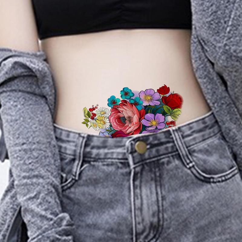 Flower Pattern Tattoo Sticker, Temporary Body Art for Festival, Party, Colorful Floral Temporary Tattoo, Long Lasting Fake Tattoo for Women & Men