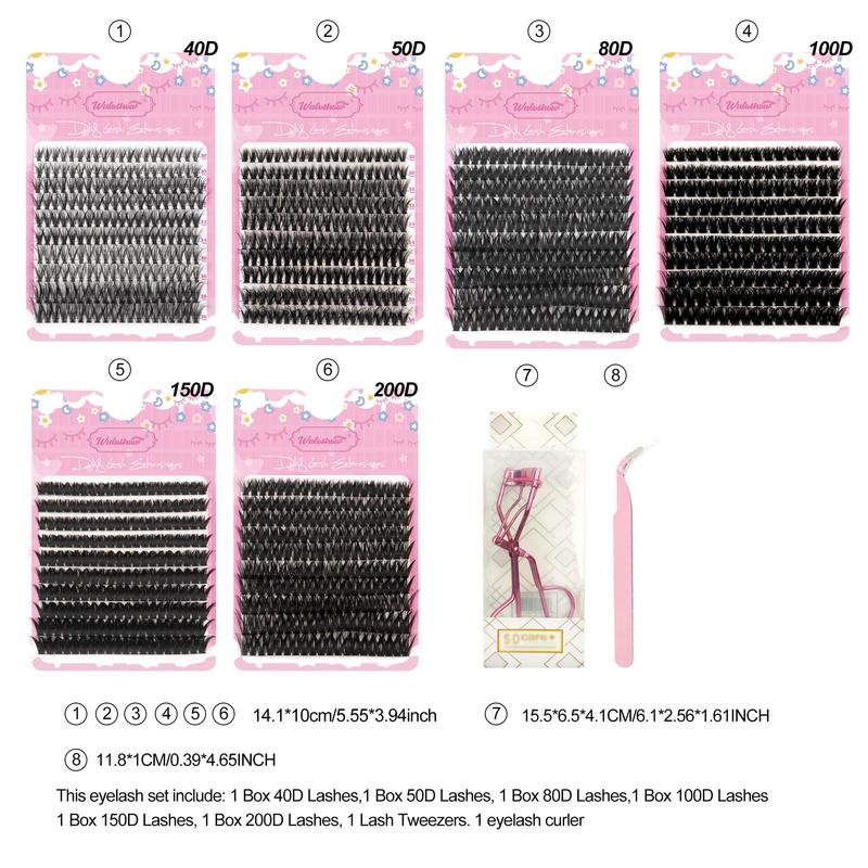 Individual False Eyelashes Kit, 1 Set Fluffy Curling False Eyelashes with Glue & Tweezers & Lashes Curlers & Glue Remover, Eye Makeup Enhancement Tool, Christmas Gift