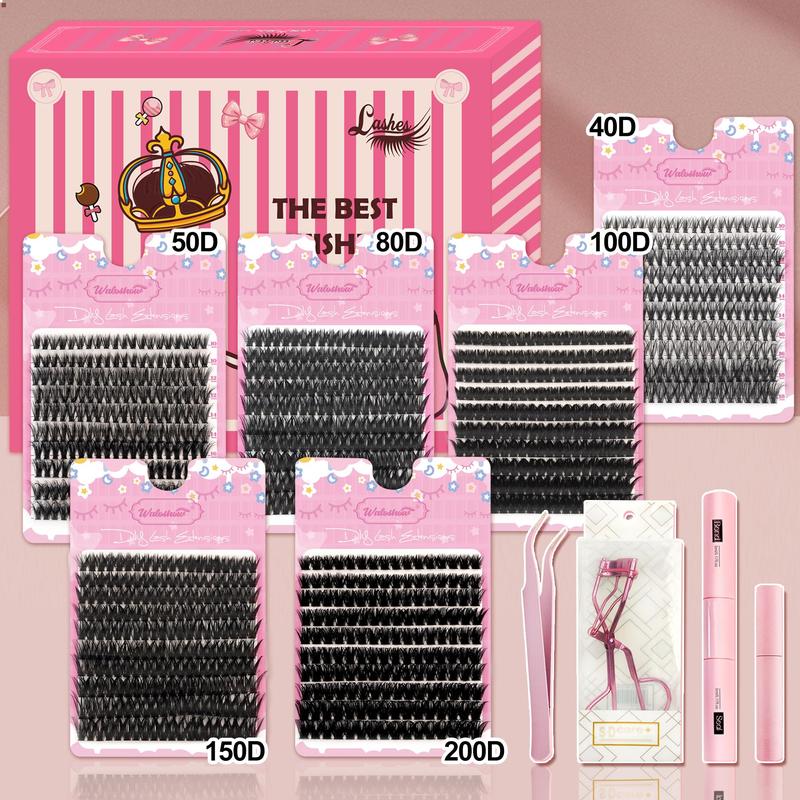 Individual False Eyelashes Kit, 1 Set Fluffy Curling False Eyelashes with Glue & Tweezers & Lashes Curlers & Glue Remover, Eye Makeup Enhancement Tool, Christmas Gift