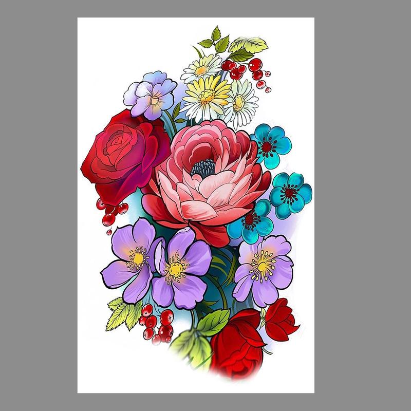 Flower Pattern Tattoo Sticker, Temporary Body Art for Festival, Party, Colorful Floral Temporary Tattoo, Long Lasting Fake Tattoo for Women & Men