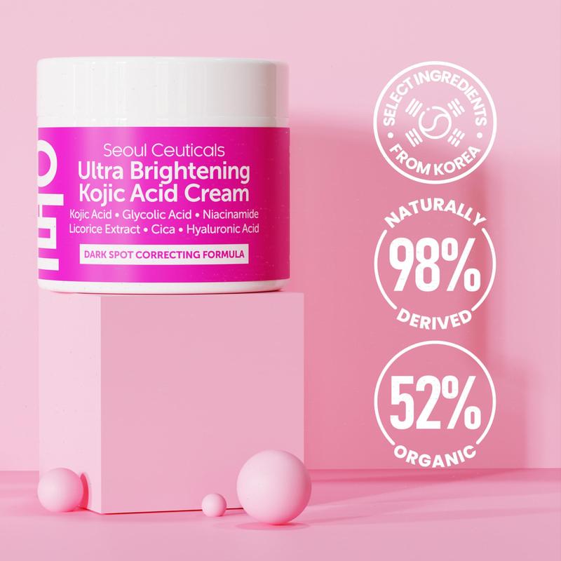 SeoulCeuticals Korean Kojic Acid Cream Dark Spot Remover + Glycolic Acid + Niacinamide + Cica + HA Moisturizer - Cruelty Free K Beauty Skincare 2oz Acne Acne Scar Treatment