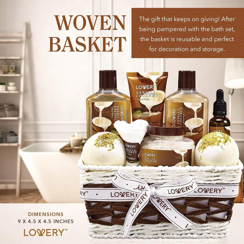 Bath and Body Gift Basket For Women and Men – 9 Piece Set of Vanilla Coconut Home Spa Set, Includes Fragrant Lotions, Extra Large Bath Bombs, Coconut Oil, Luxurious Bath Towel & More Body Care Comfort Cosmetics Skin Repair