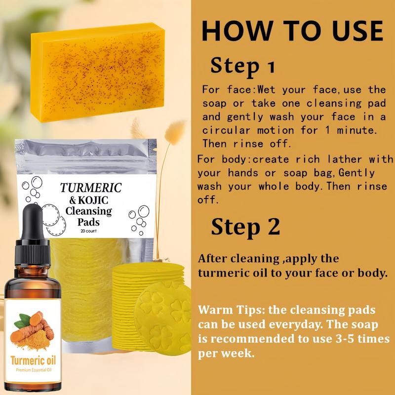 Turmeric Cleansing Set, 1 Set Turmeric Soap Bar & Turmeric Oil & Turmeric Kojic Cleansing Pads, Daily Skincare Set for Face & Body