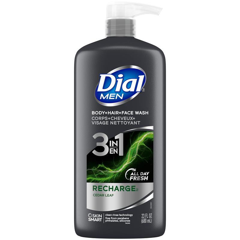 Dial Men 3in1 Body, Hair and Face Wash, Body Wash, Recharge, 69 fl oz (3-23 fl oz Bottles) Body Care