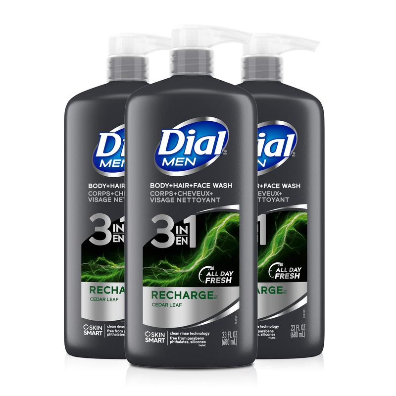 Dial Men 3in1 Body, Hair and Face Wash, Body Wash, Recharge, 69 fl oz (3-23 fl oz Bottles) Body Care