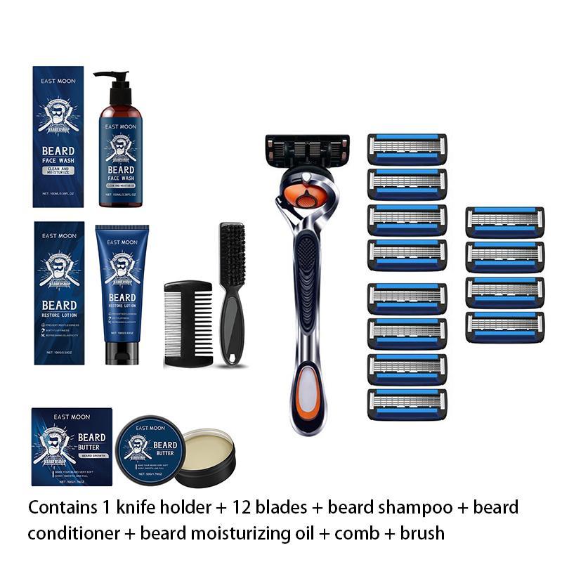 Men's Beard Care Set, 1 Set Including Beard Shampoo & Beard Condition & Beard Moisturizing Oil & Beard Shaver & Blades & Brush & Comb, Beard Styling Tool for Men