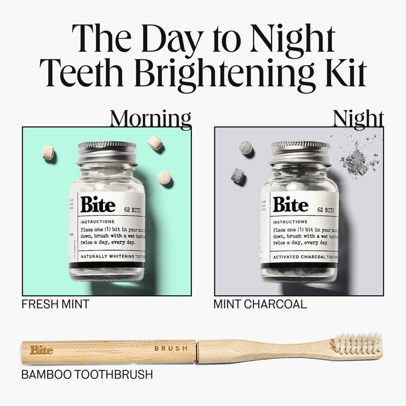 The Day to Night Teeth Brightening Kit - Whiter Teeth in 3 Days with Bite Toothpaste Bits in Mint and Mint Charcoal, Comes with Free Bamboo Toothbrush