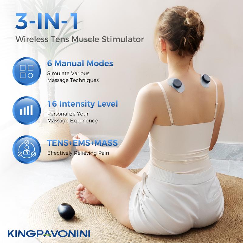 KingPavonini Wireless TENS Unit,Portable Rechargable TENS EMS Machine,LED Screen & Remote, Dual Channel 6 Modes 16 Intensity Massager, Charging Case (4 Pads)