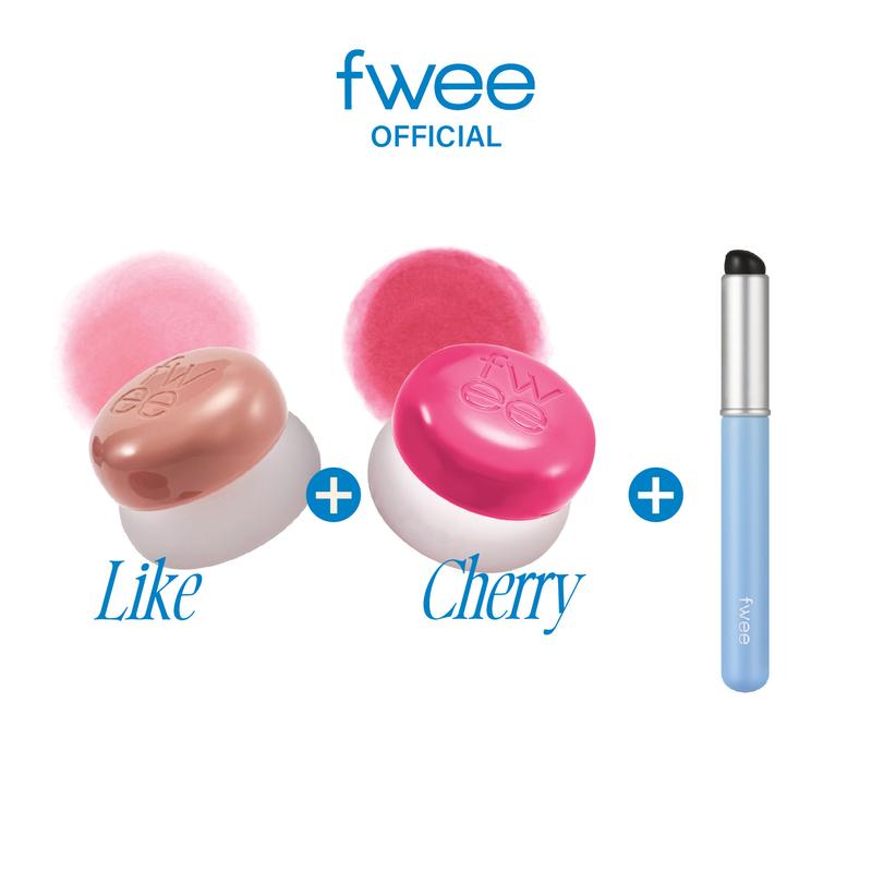 [Like Cherry] fwee Lip&Cheek Blurry Pudding Pot | Makeup Blush and Blurred Matte Lips | Pudding Texture, Airbrushed Finish | 2 colors (Like+Cherry) + Lip brush makeup set