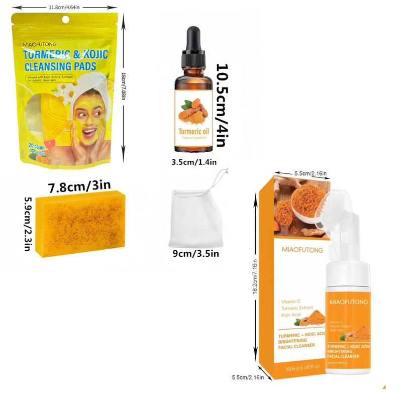 Turmeric Skin Care Kit, Including Turmeric Kojic Acid Soap & Face Cleansing Pads & Mousse Cleanser & Turmeric Oil & Soap Bubble Mesh Bag for Women & Men