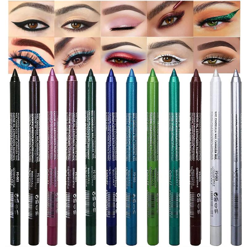 12Pcs Green Blue White Black Brown Purple Color Gel Glitter Eyeliner Pencils Set for Women Waterline Waterproof Smudge Proof lapiz de ojos delineador de ojos contra el agua Eye Liner Makeup 1-5