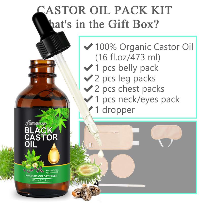 6 Pack Castor Oil Organic Cold Pressed Unrefined Glass Bottle Castor Oil Pack Wrap Organic Cotton Kit Reusable Castor Oil Compress Pads for Neck Waist Chest Knee