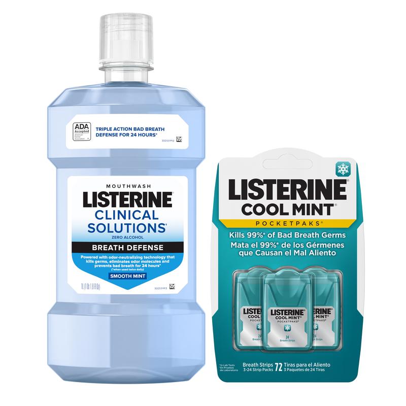 Listerine TikTok Shop Exclusive Duo, Clinical Solutions Breath Defense Alcohol Free Mouthwash 1L & CoolMint PocketPaks Dissolving Breath Strips 72ct Oral Daily