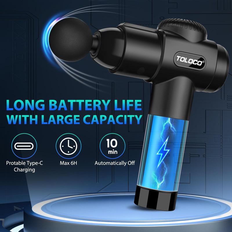 TOLOCO deep tissue massage gun features 10 heads and a silent brushless motor. Ideal for athletes and pain relief. Perfect cordless Christmas gift! Adjustable Massager