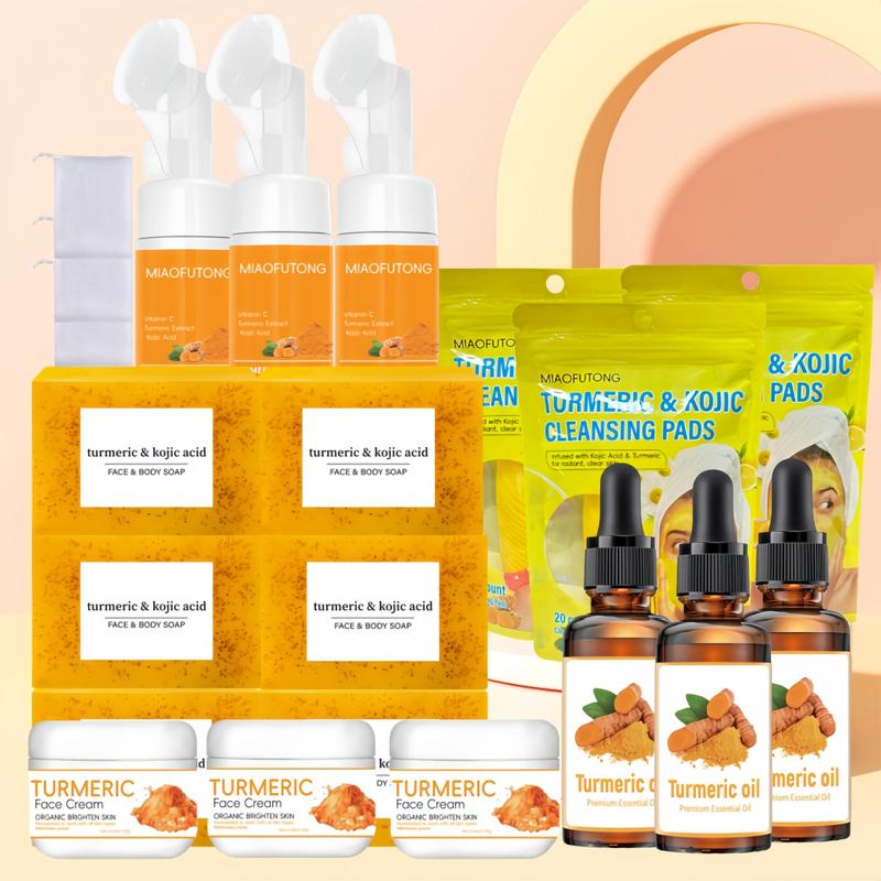 Turmeric Skin Care Kit, Including Turmeric Kojic Acid Soap & Face Cleansing Pads & Mousse Cleanser & Turmeric Oil & Soap Bubble Mesh Bag for Women & Men