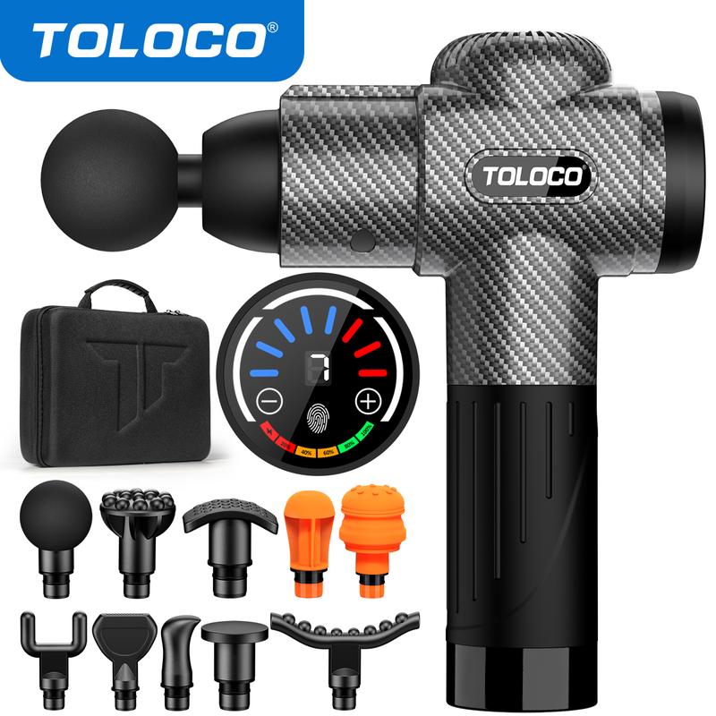 TOLOCO deep tissue massage gun features 10 heads and a silent brushless motor. Ideal for athletes and pain relief. Perfect cordless Christmas gift! Adjustable Massager