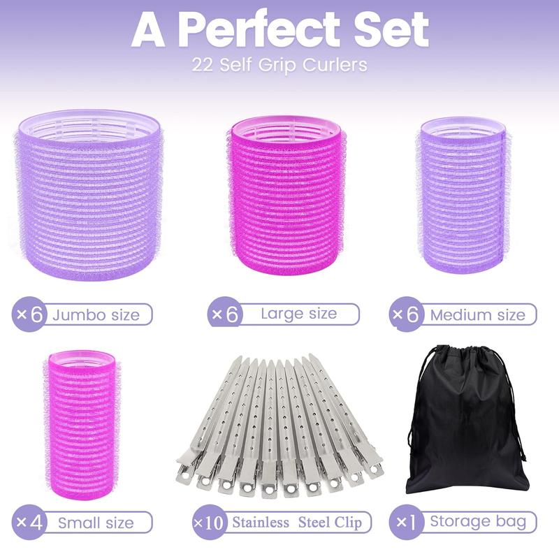 33 Piece Hair Rollers set, Self Grip Hair Rollers for Long Medium Short Hair, Large Medium Hair Curler -22 Rollers + 10 Stainless steel Clip +1 Storage Bag