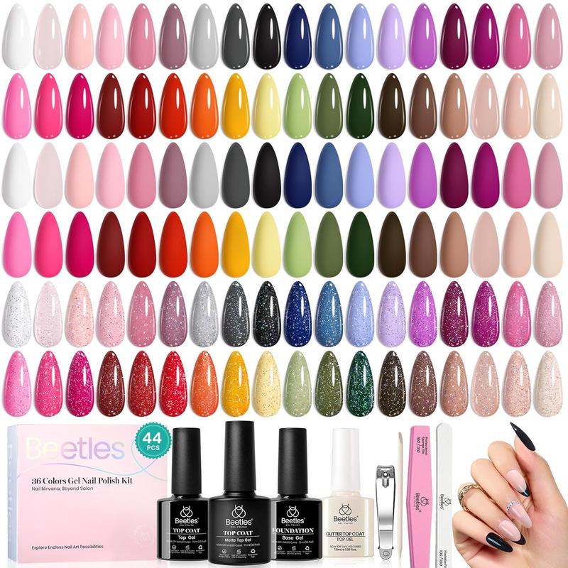 Beetles Gel Polish 44 PCS Gel Nail Polish Set-36 Colors Gel Polish Set Base Coat Glossy Matte & Glitter Top Coat Colorful Muse Collection Nude White Pink Red Blue Gel Gifts for Women