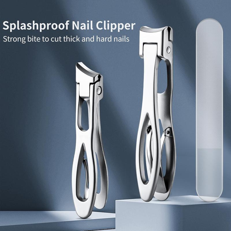 Stainless Steel Nail Clipper Set, 3 Counts set Anti Splash Nail Trimmer & Nano Glass Nail File, Professional Manicure & Pedicure Tool for Home & Salon Use