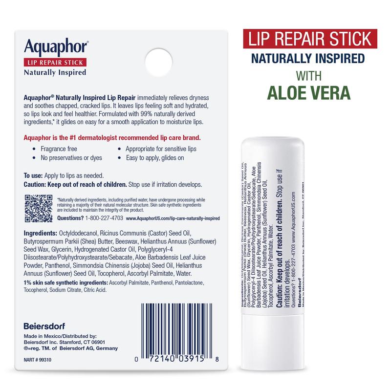 Aquaphor Lip Repair Stick Naturally Inspired Aloe Vera 0.17oz and Coconut 0.17 oz (2-Pack)