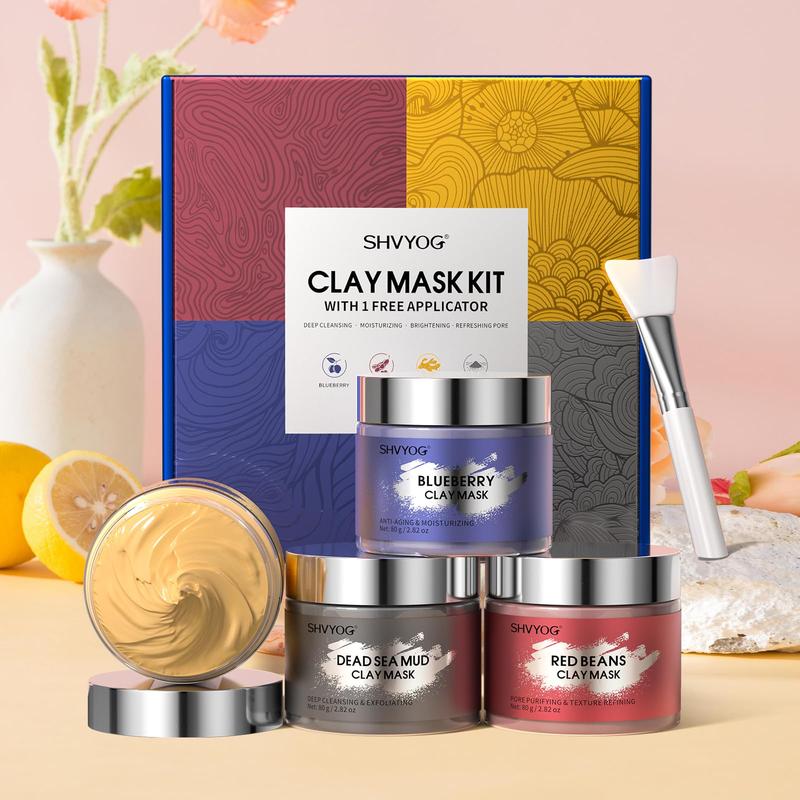 4 Pcs Clay Mask Set, Vitamin C Turmeric Clay Mask, Dead Sea Mud Mask, Blueberry & Red Beans Clay Mask, Face Masks Skincare for Deep Cleansing, Refining Pores, Moisturizing 320g