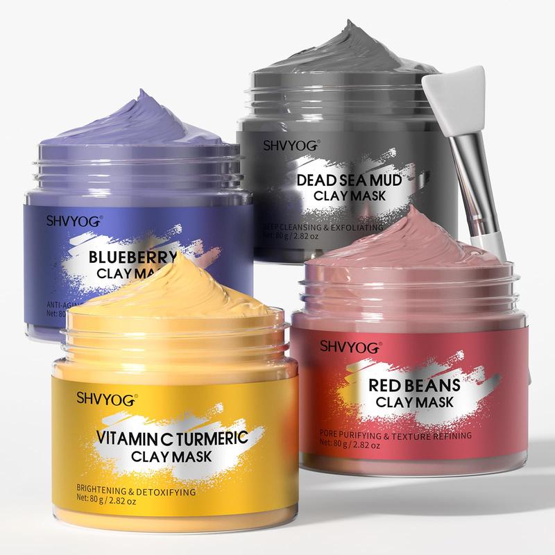 4 Pcs Clay Mask Set, Vitamin C Turmeric Clay Mask, Dead Sea Mud Mask, Blueberry & Red Beans Clay Mask, Face Masks Skincare for Deep Cleansing, Refining Pores, Moisturizing 320g