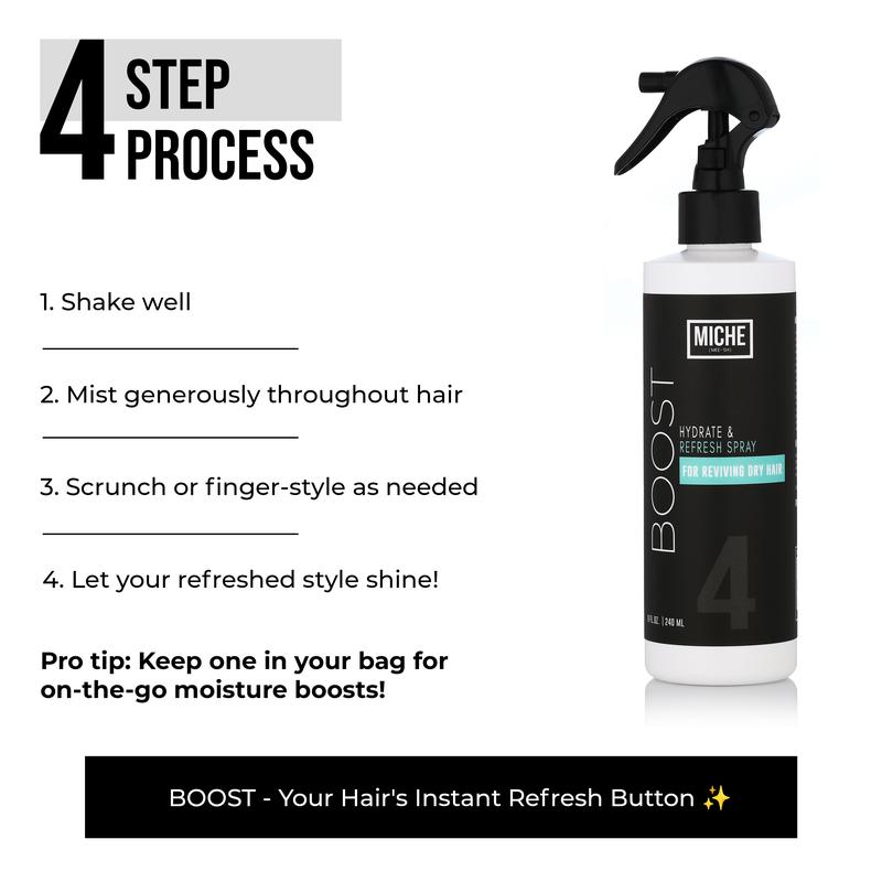 BOOST Hydrate & Refresh Spray 8 fl oz | Refresher for Daily Curls | Hydrating Hair Moisturizer | Refreshes Frizzy Hairstyles - MICHE Beauty