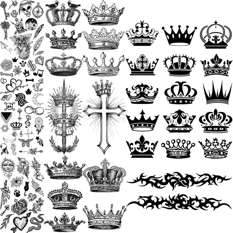 Black Crown Temporary Tattoos For Women Adults Realistic Bird Cross Sword Heart Fake Diamond Tattoo Sticker Body Hand Tatoos 3D Waterproof Temporary Tattoo Stickers