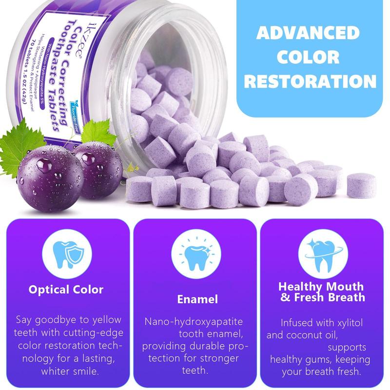 Color Correcting Toothpaste Tablets, 2 Counts set Grape Flavor Toothpaste Chewable Tablets, Easy To Carry and Use, Toothpaste for Adults