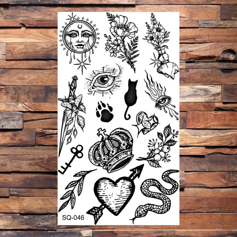 Black Crown Temporary Tattoos For Women Adults Realistic Bird Cross Sword Heart Fake Diamond Tattoo Sticker Body Hand Tatoos 3D Waterproof Temporary Tattoo Stickers