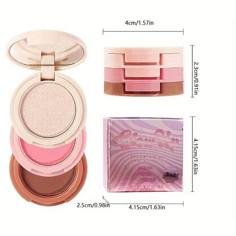 3 In 1 Blush Palette, 1 Count Long Lasting Pressed Powder Blush For Daily Makeup, Lightweight Blush, Pearlescent & Glitter Shadow, Suitable For All Skins