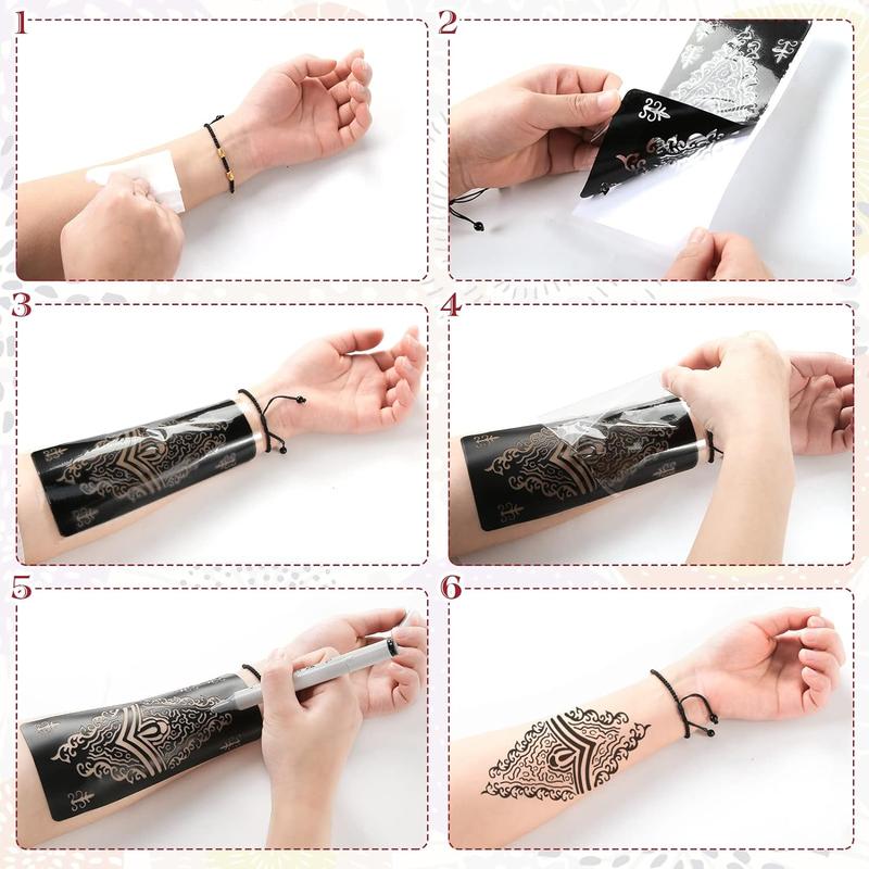 18 Sheets Henna Tattoo Stencils, Temporary Flower Patterns Glitter Airbrush Tattoo Kits Arabian Stickers for Women and Girls Face Hand Paint Body Art