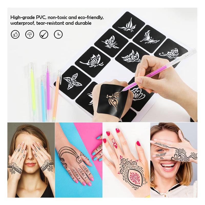 18 Sheets Henna Tattoo Stencils, Temporary Flower Patterns Glitter Airbrush Tattoo Kits Arabian Stickers for Women and Girls Face Hand Paint Body Art