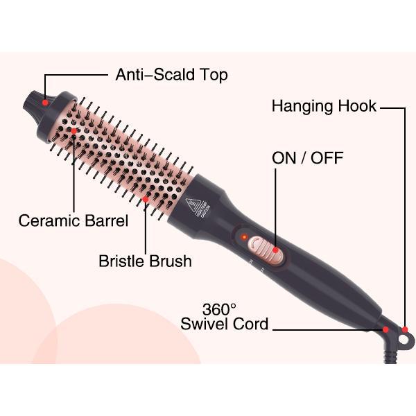 PHOEBE 1.25 Inch Ceramic Curling Iron Brush | Dual Voltage Tourmaline Ionic Hair Curler | Heated Comb for Long & Medium Hair – Perfect for Travel