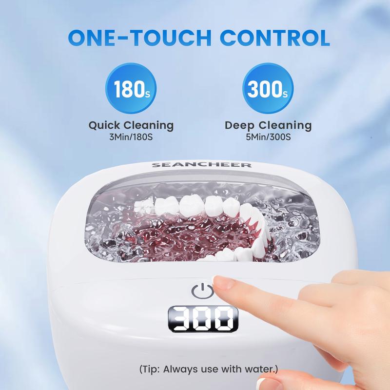 SEANCHEER Q3 Ultrasonic Retainer Cleaner Machine | Mini Portable | Rechargeable | IPX7 Waterproof | 42Khz | 120ML | Travel | with Digital Timer for | Denture | Aligner | Night Guard | Mouth Guard | Jewelry | White