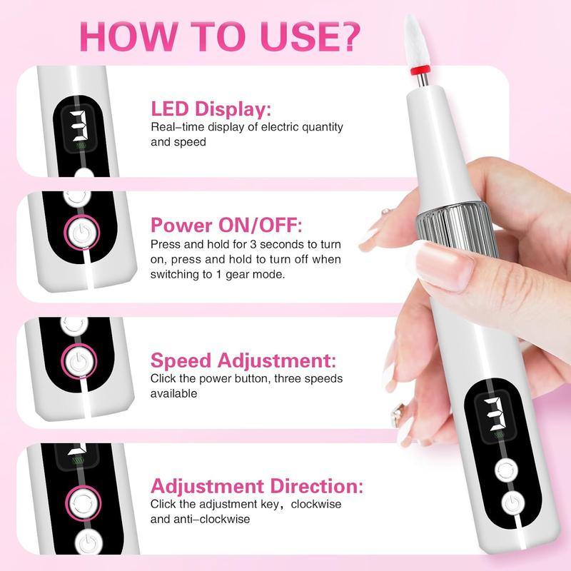 Cordless Electric Nail File Drill, Portable 13 in 1 Kit Nail Drills for Acrylic Nails, Rechargeable Nail Filer Electric Nail Grinder Machine for Human Women Manicure Pedicure Care Set