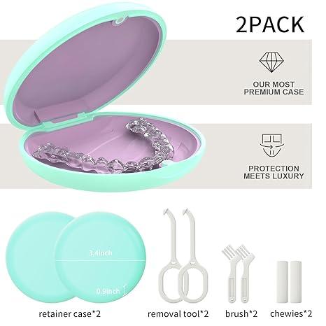 2 Pack Retainer Case, Slim Aligner Case, Compatible with Invisalign, Mouth Guard Case, Cute Orthodontic Retainer Case with Retainer Removal Tool and Brush, Mint Green