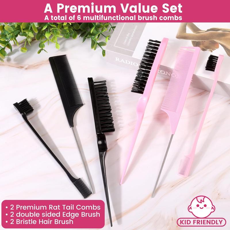 6 Pack Hair Styling Comb Set, 2 Slick  Hair Bristle Brush, 2 Edge Control Brush and 2 Rat Tail Combs for Hair Parting, Controlling Flyaways & Smoothing  Hair (Black & Pink)