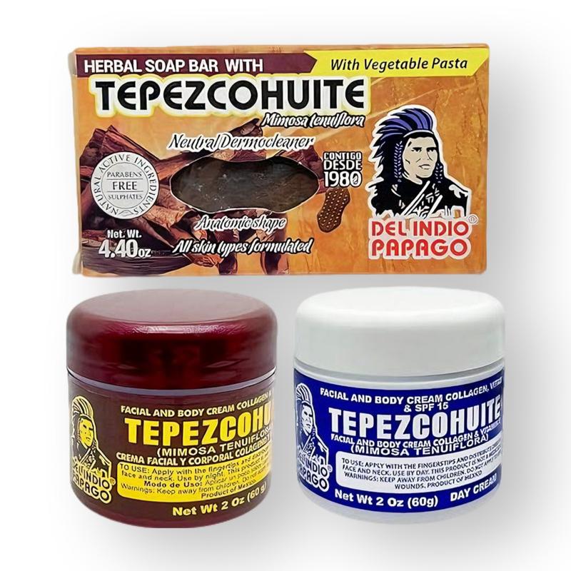 Del Indio Papago Anti Aging Combo Pack with Night Cream 2 oz, Day Cream 2 oz, and Tepezcohuite Natural Bar Soap - Skin Care Solution for All Types of Skin