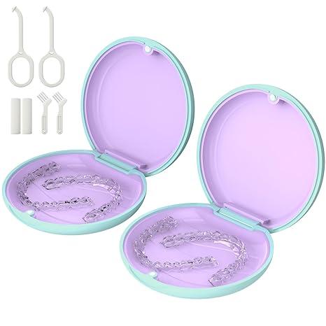 2 Pack Retainer Case, Slim Aligner Case, Compatible with Invisalign, Mouth Guard Case, Cute Orthodontic Retainer Case with Retainer Removal Tool and Brush, Mint Green