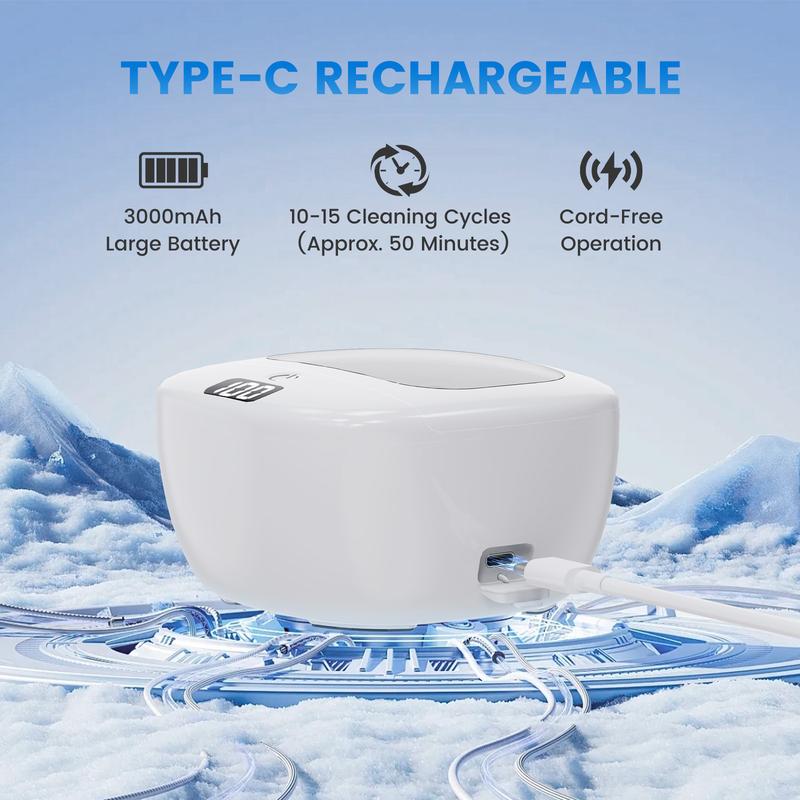 SEANCHEER Q3 Ultrasonic Retainer Cleaner Machine | Mini Portable | Rechargeable | IPX7 Waterproof | 42Khz | 120ML | Travel | with Digital Timer for | Denture | Aligner | Night Guard | Mouth Guard | Jewelry | White